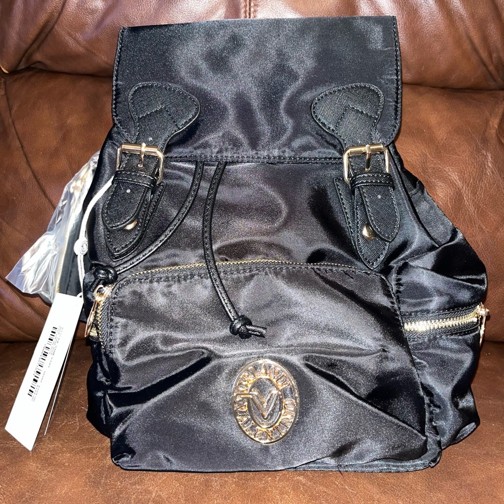 Valentino Orlandi Black Leather Backpack with Gold Accents